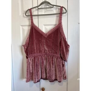 City Streets Dusty Rose Velour Babydoll Top Lace Cold Shoulder 3X